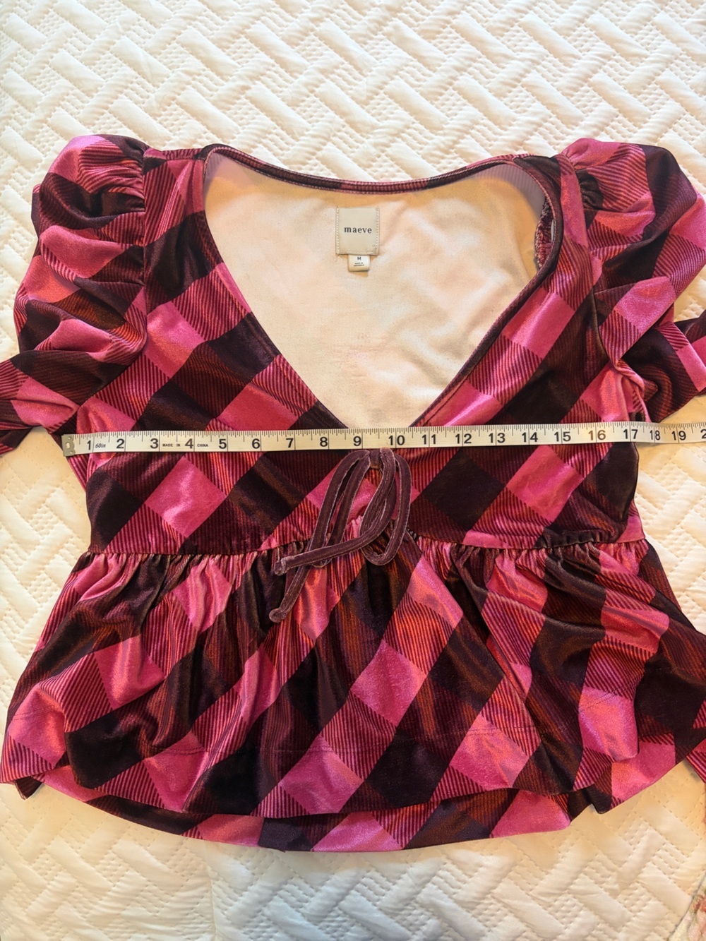 Anthropologie Maeve | Pink Plaid Striped Puff Sleeve V-Neck Blouse - Picture 6 of 8